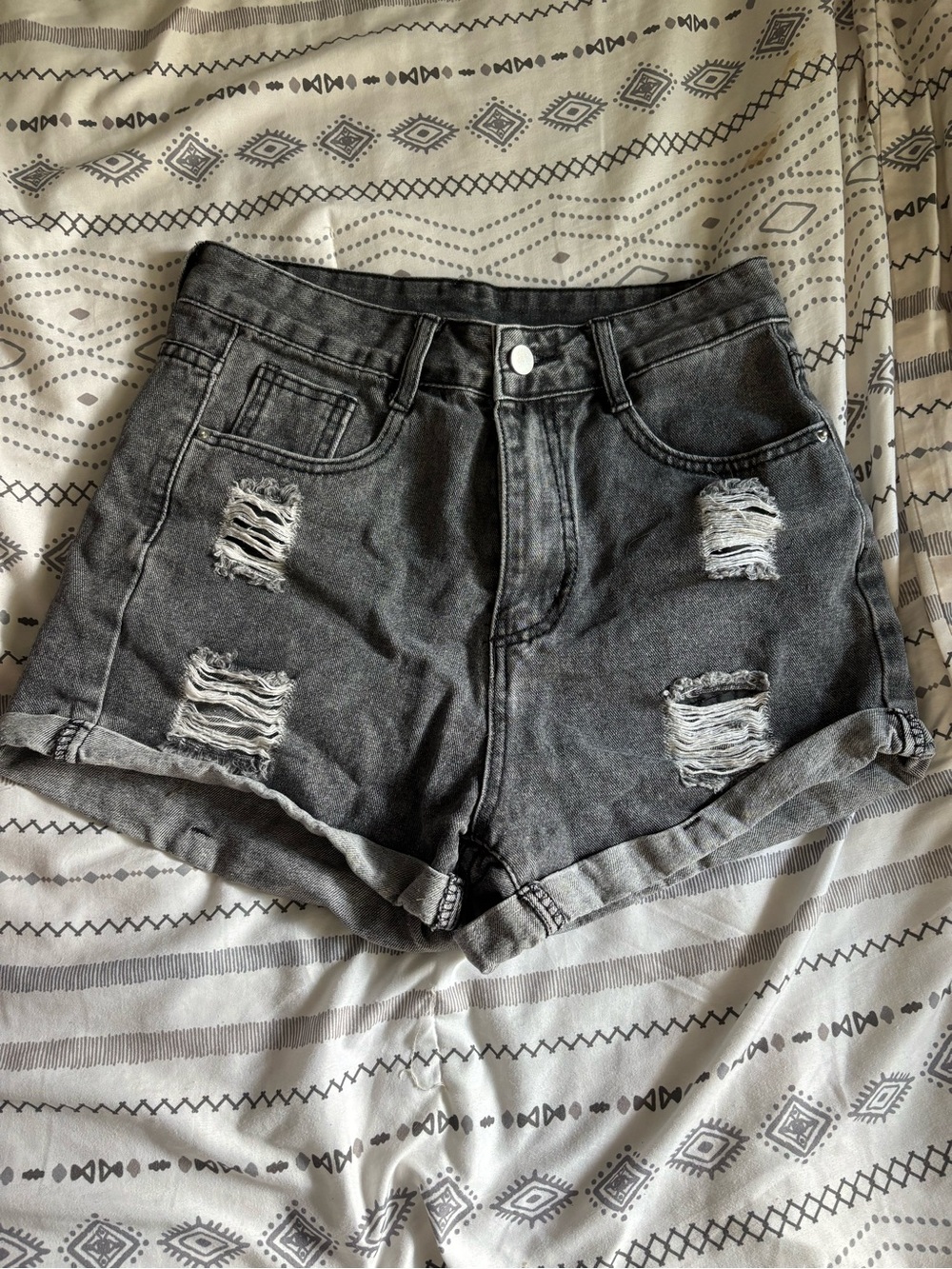 Distressed High-Waist Black Denim Shorts
